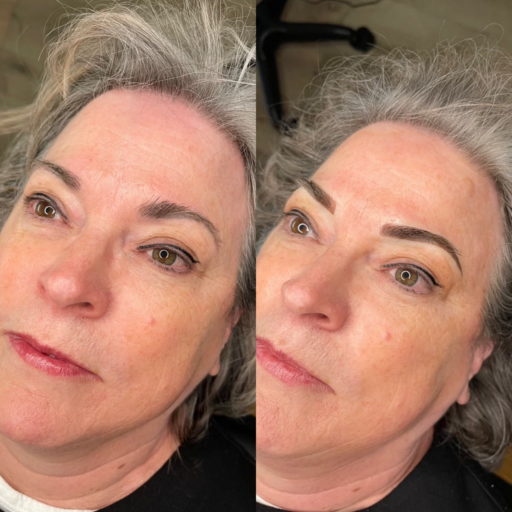 Combo Brow Correction: A skilled artist blending microblading and shading techniques to correct uneven or sparse eyebrows, resulting in a balanced and natural appearance.