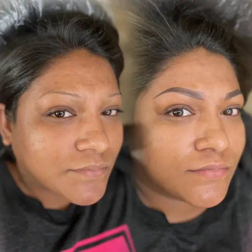 Ombre powder brows involve using a tattoo machine with a small needle to implant pixels of pigment into the skin. Unlike Microblading, this technique offers a soft, powdery finish that can be tailored for a natural or bold look. Colors are personalized to each client's skin type, tone, and aesthetic preference. This method is ideal for clients with oily skin but suits anyone seeking enhanced brows. Note that the pigment appears bolder, darker, and warmer initially before healing.