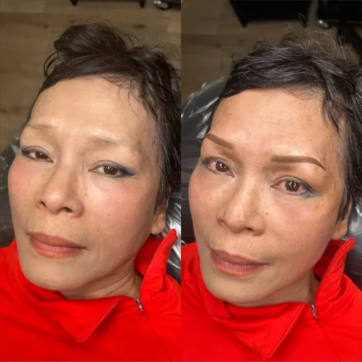 Before-and-after powder brows in Santa Rosa, California by Nikki at The Studio PMU, creating soft, shaded, natural-looking brows from sparse and uneven hair growth.