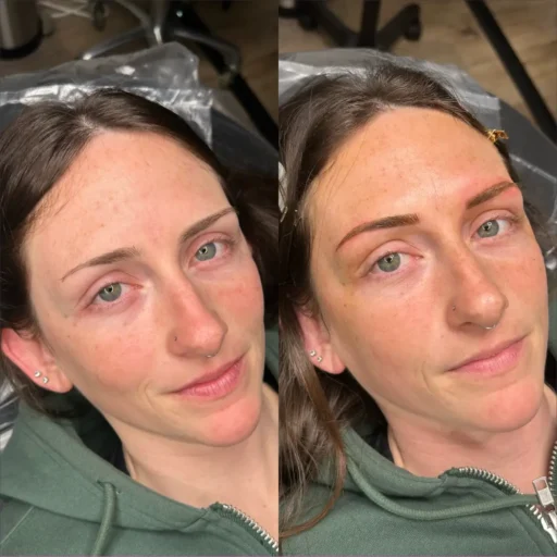 owder brow before and after by Nikki Clark showing improved symmetry, soft gradient shading, and enhanced definition.